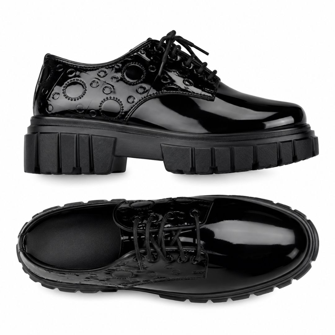 Mens Black Patent Leather Studded  Chunky Lace Up Shoes
